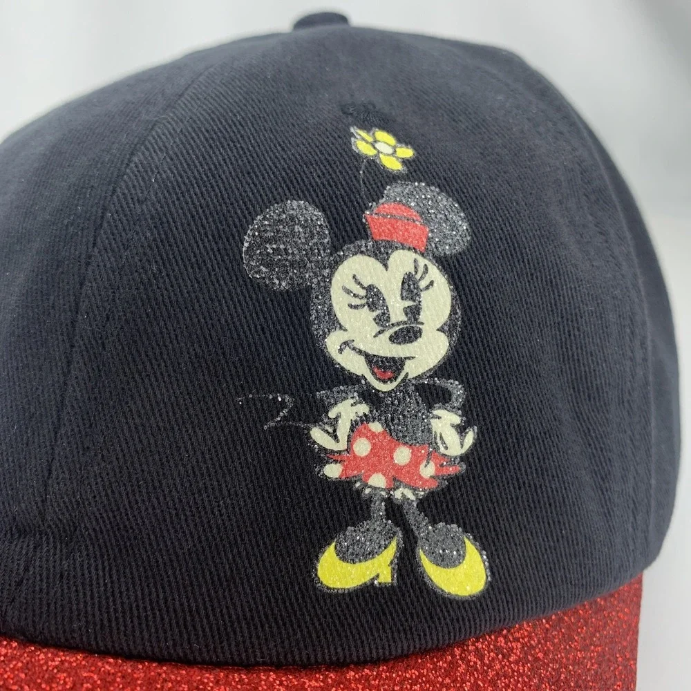 Disney Parks Minnie Mouse Youth Hat Coral Red Glitter Adjustable Ball Cap w Tag